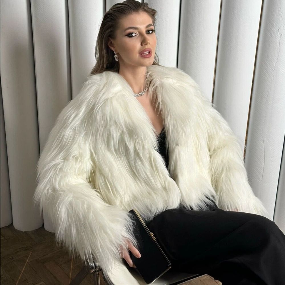 Zara Faux Fur Cardigan Lapel Collar Jacket White Nwt